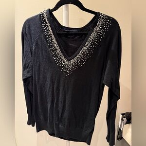 French Connection Black Beaded V-Neck Top